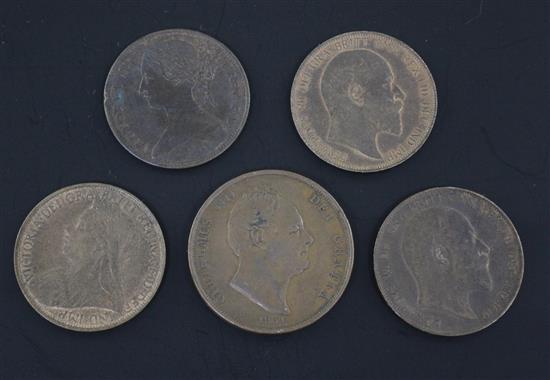 Five British pennies - William IV to Edward VII,